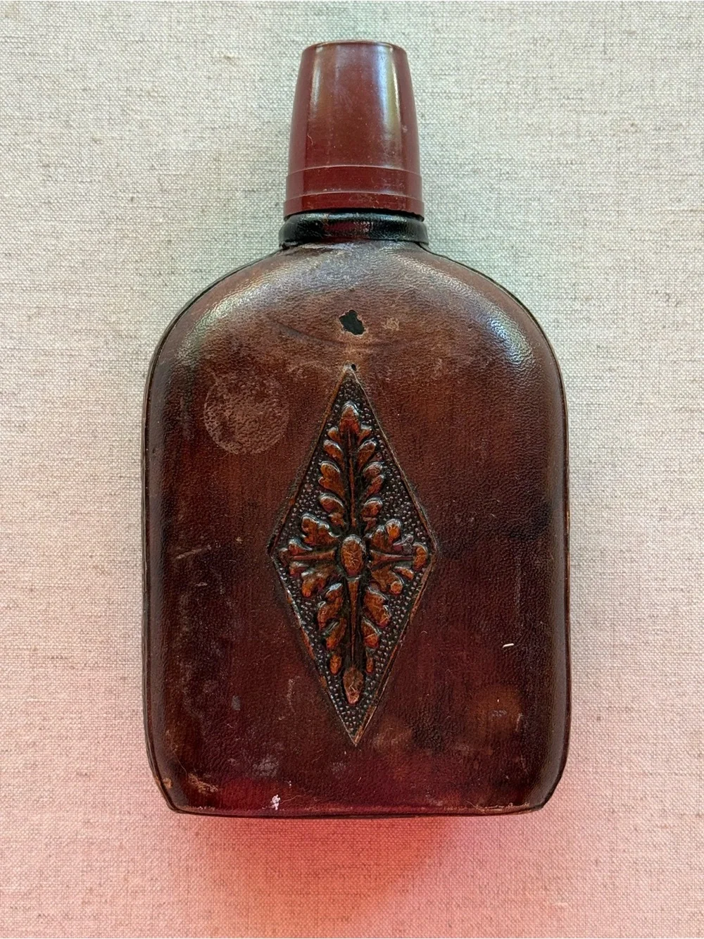 Vintage Leather Wrapped Flask Bottle Embossed Floral Design Brown
